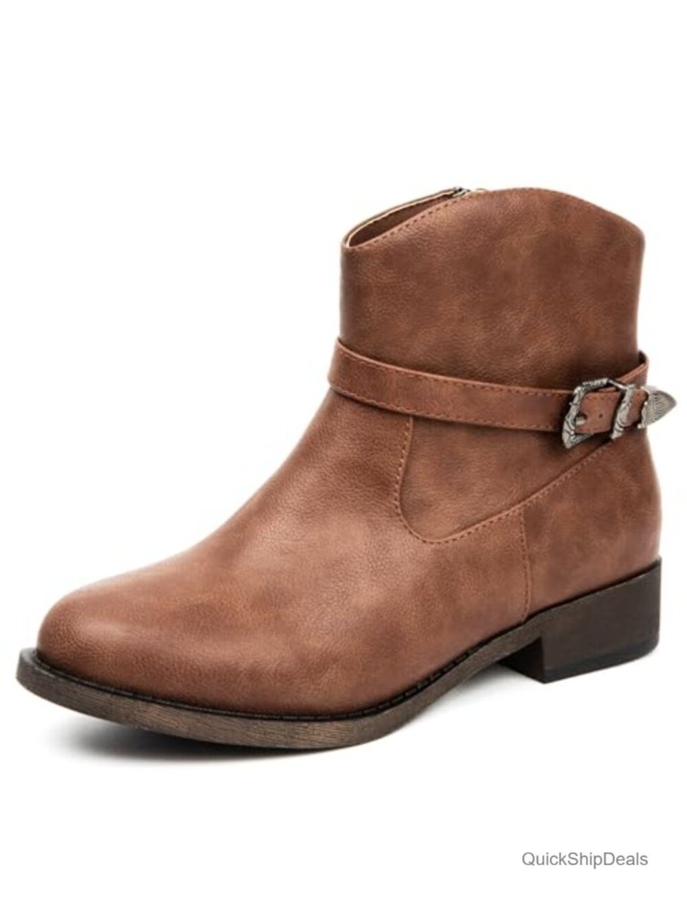 Women's Faux Leather Ankle Boots Low Chunky Heel Side Zip Western Bootie